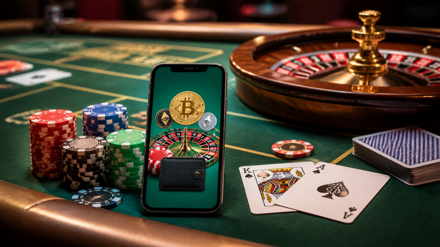 Casino table with smartphone and chips for crypto casino games